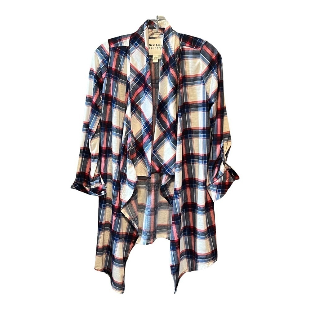 New York Laundry Plaid Open Drape Front Shacket Asymmetric Hanky Hem Top Medium